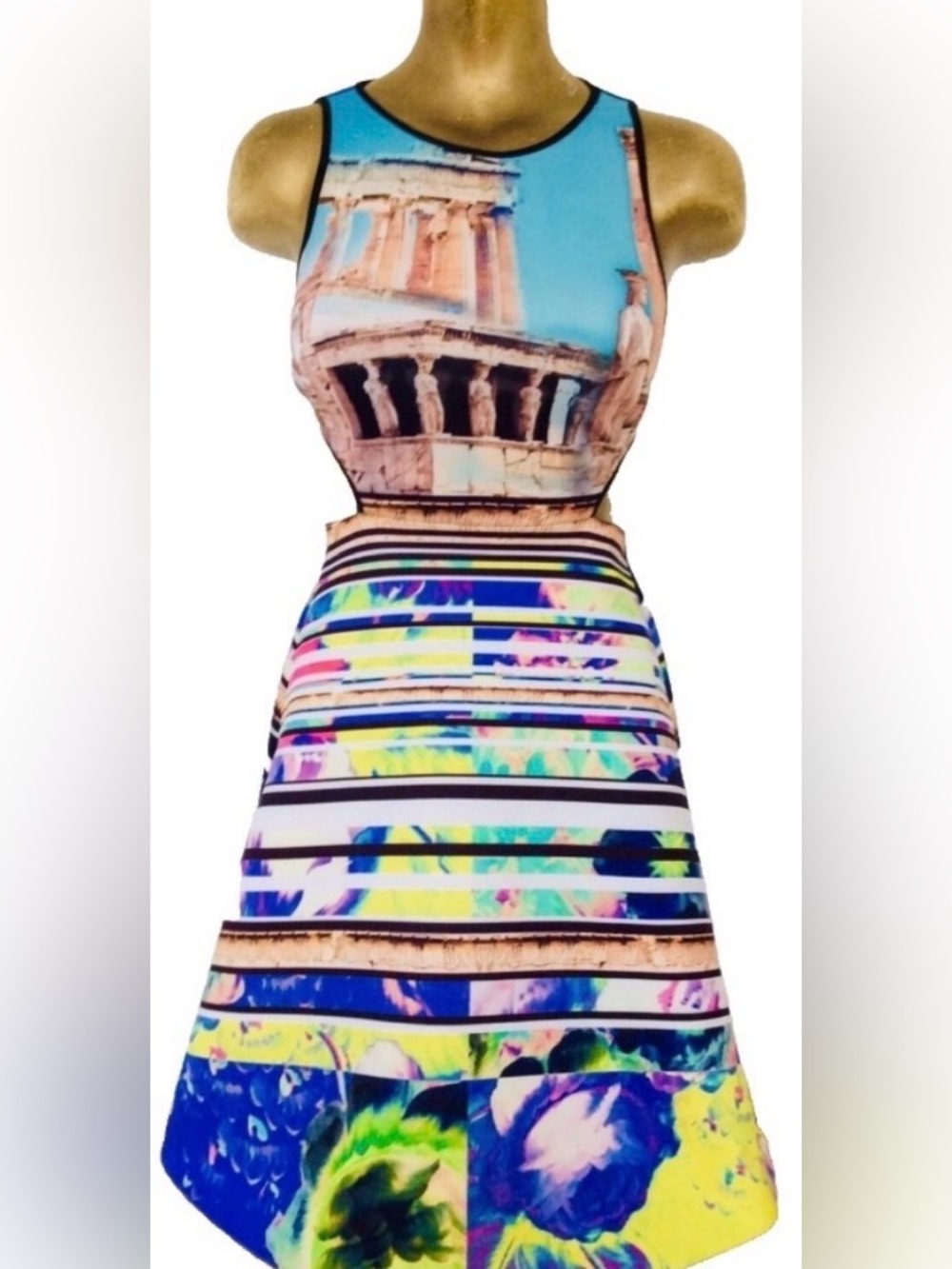 NWT CLOVER CANYON Greek Acropolis Garden Neoprene Wearable Art Cut-Out DRESS S